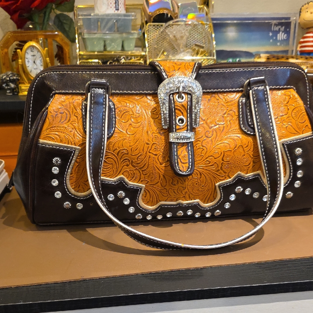 Women's Two-Tone Embossed Buckle Satchel in Tan and Brown